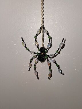 Beaded Crystal Spider Ornament - Black & Iridescent with Green Accents
